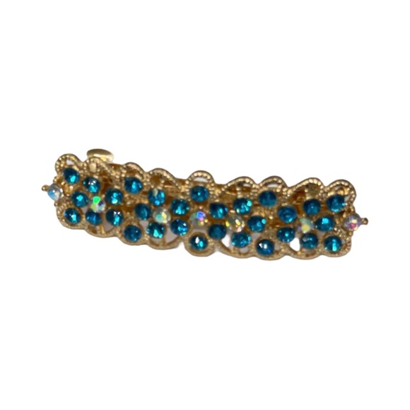 Elegant Gold Barrette with Blue Crystal Accents 3.0” - Picture 3 of 4